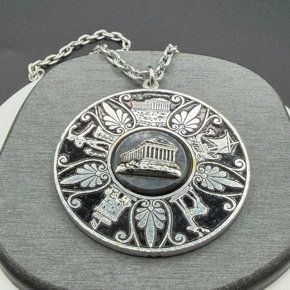 Greek Revival Parthenon Medallion Necklace Silver Tone Black Enamel Statement